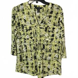 Ellen Tracy Women's Tunic Top Vibrant Bold Yellow Black Abstract 3/4 Size Medium